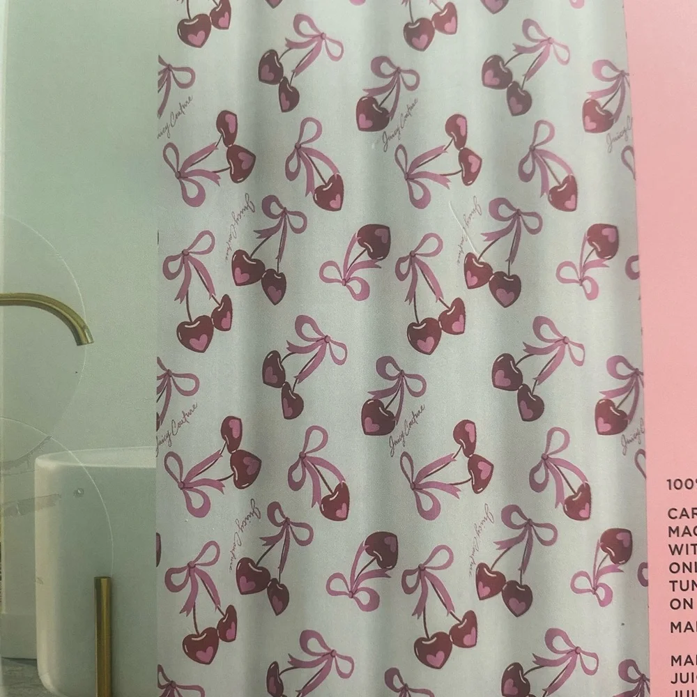 Juicy Couture Pink & Red Cherry Bows Shower Curtain with Hooks Set